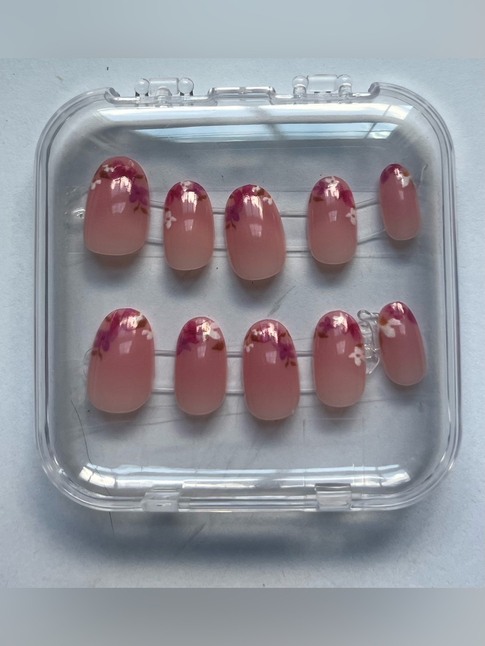 Pink Ombre Press-On Nails with Floral Tips